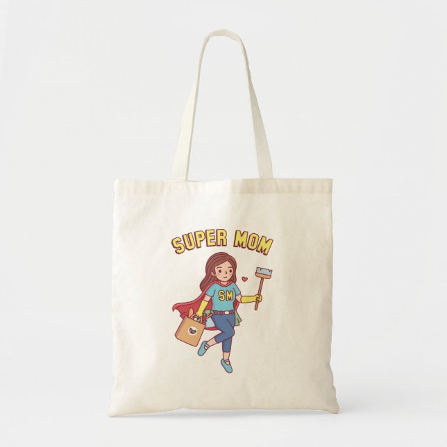 Bolso De Tela Super Mamá con cepillo de limpieza y comestibles (Frente)