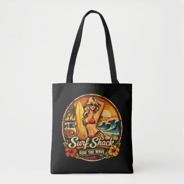 Bolso De Tela Surf Shack Surfer Pin-Up | Ride The Waves Beach (Anverso)