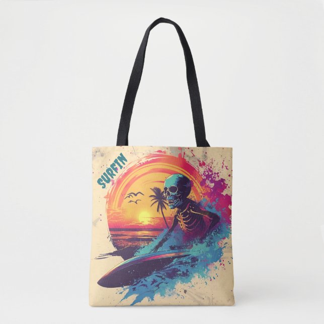Bolso De Tela Surfista del esqueleto Vibrante Azul morado rosa t (Anverso)
