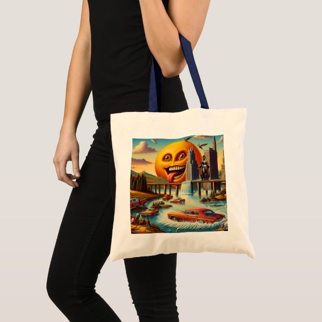 Bolso De Tela "Surreal Cityscape con Sol Antropomórfico" (Anverso (producto))