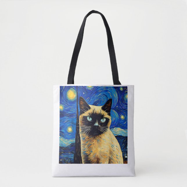 Bolso De Tela Surreal Starry Night Siamese Cat_1 (Anverso)