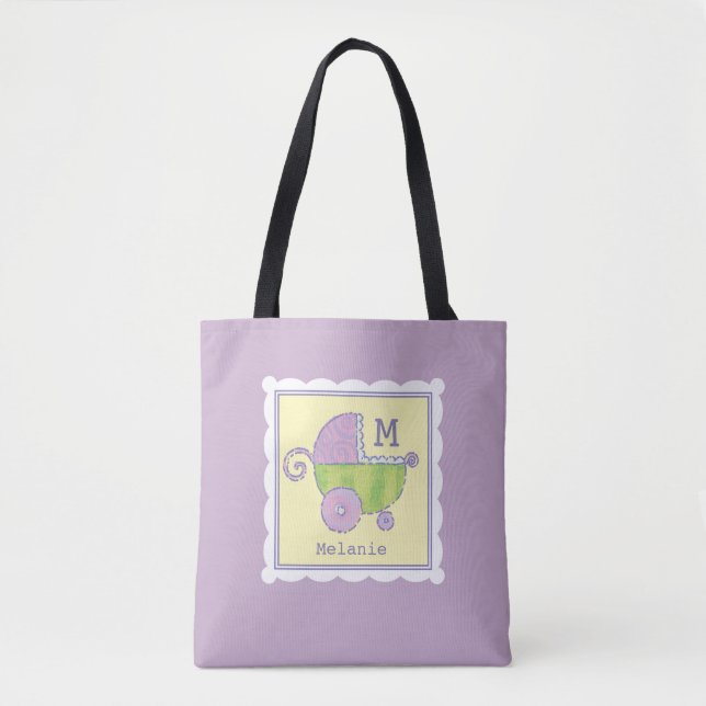 Bolso De Tela Sweet Dreams Baby Carriage Lavender Monogrammed (Anverso)