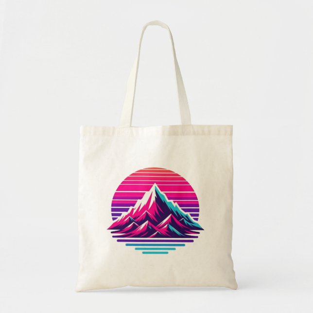 Bolso De Tela Synthwave Mountain Tote Bag – Retro Sunset Vibes (Frente)