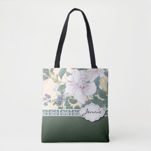 Bolso De Tela T Kônan Wood Block Print "Hibiscus and Browallia"