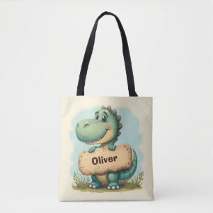 Bolso De Tela T-Rex juguetón con letrero de nombre de piedra