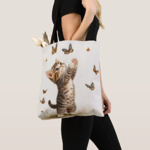 Bolso De Tela TABBY DE bonito PASTEL BROWN KITTEN CON MARIPOSAS