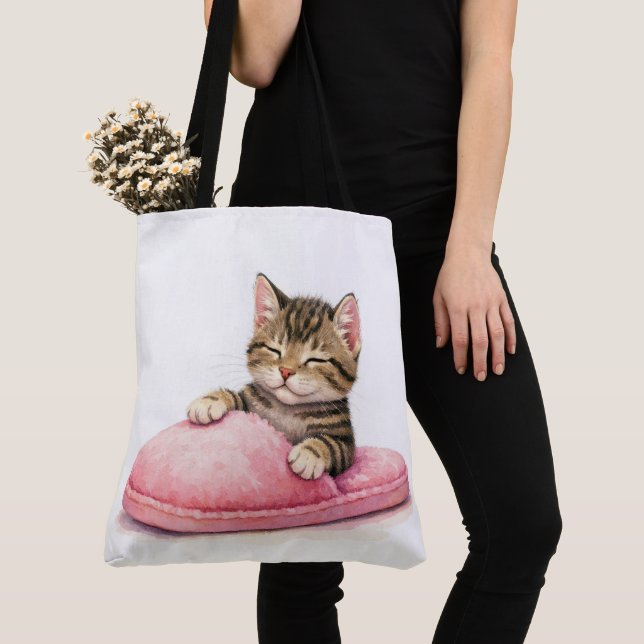Bolso De Tela Tabby Kitten Sleeping in a Pink Slipper (Detalle)