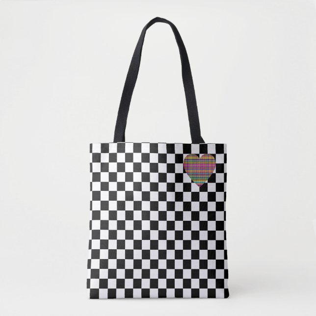Bolso De Tela Tablero de ajedrez - Blanco negro - Emo - Tote (Anverso)