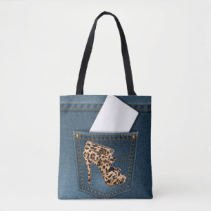 Bolso De Tela Tacón alto y bolsillo azul Jean del leopardo del
