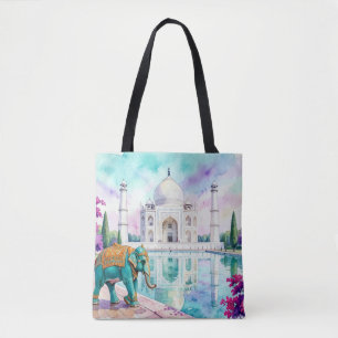 Bolso De Tela Taj Mahal y elefante en acuarela