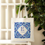 Bolso De Tela Talavera Vintage Azulejo azul monogramado<br><div class="desc">Talavera Vintage Azulejo Baldosas azul y blanco mediterráneas monogramadas tote maleta damas de novia regalos fiesta de novias favores para ella</div>