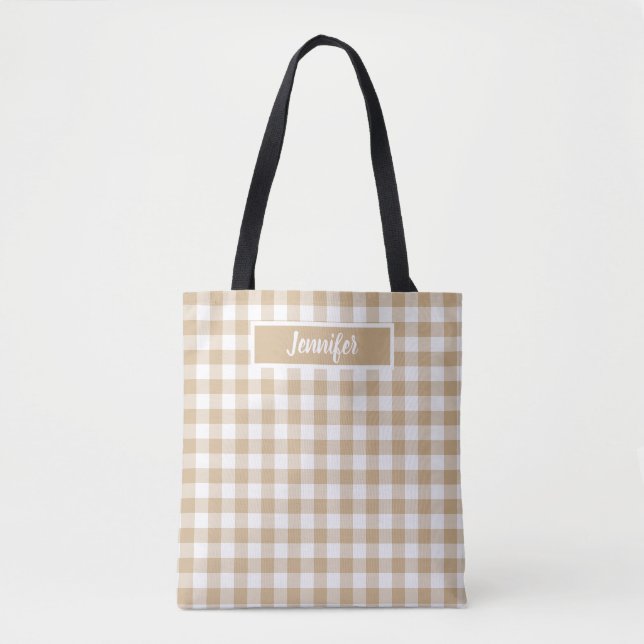 Bolso De Tela Tan Beige Plaid Gingham Personalized (Anverso)