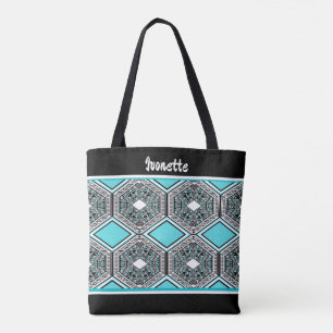 Bolso De Tela Tapiz Tribal Turquesa, Blanco y Negro