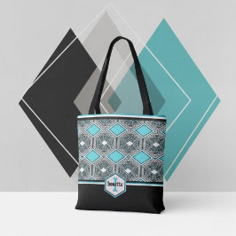 Bolso De Tela Tapiz Tribal Turquesa, Blanco y Negro