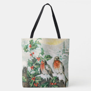 Bolso De Tela Tarjeta de Navidad antigua con petirrojos, acebo, 