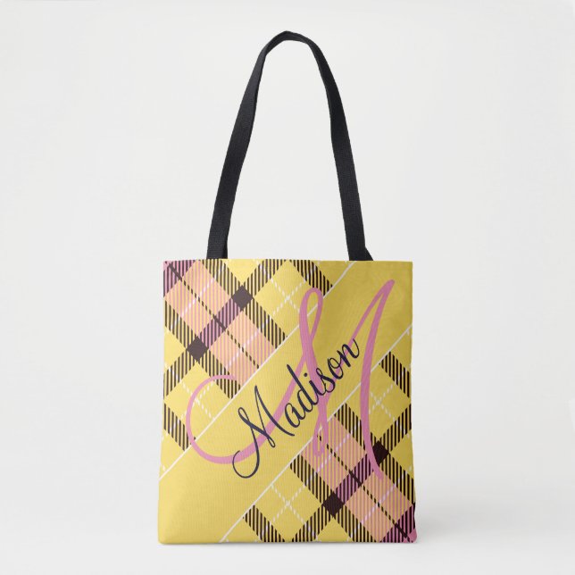 Bolso De Tela Tartán amarillo rosado elegante | Añadir su nombre (Anverso)