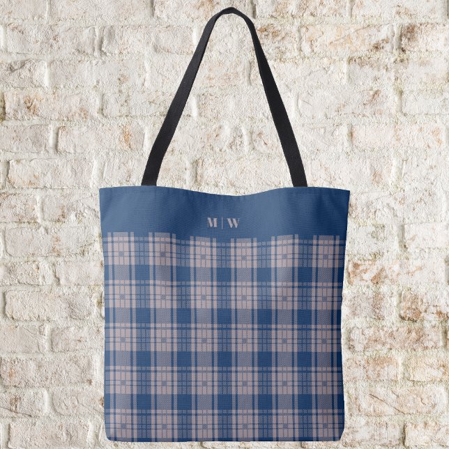 Bolso De Tela Tartán - Azul marino con marrón claro y taupe oscu (Tartan - Navy Blue with Light and Dark Taupe Brown Tote Bag by Leapfroglisics Shop)