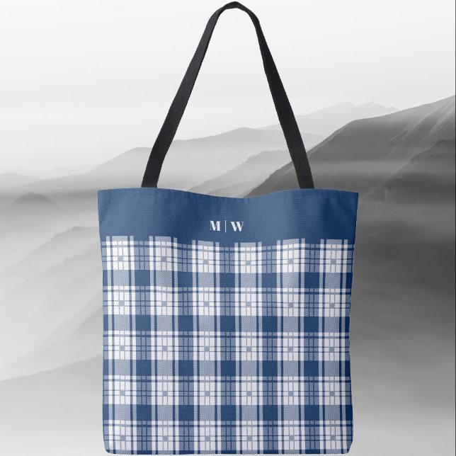 Bolso De Tela Tartán Plaid - Azul y blanco de la marina (Tartan Plaid - Navy Blue and White Tote Bag by Leapfroglisics Shop)
