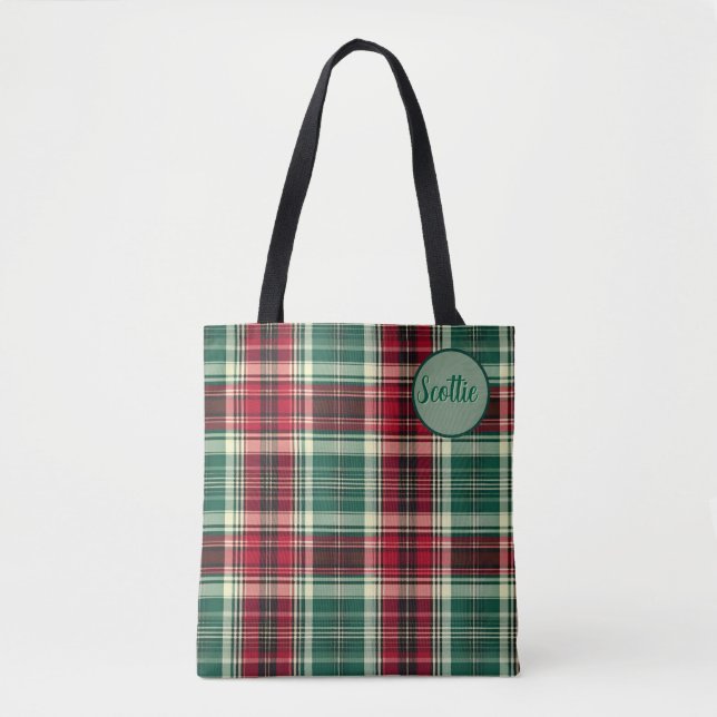 Bolso De Tela Tartan Plaid Tote Bag with Custom Name – (Anverso)