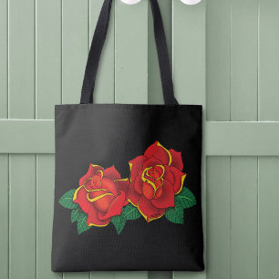 Bolso De Tela Tatuaje tradicional de rosas rojas negrita