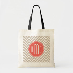 Bolso De Tela Taupe y Coral Elegante Monograma Personalizada