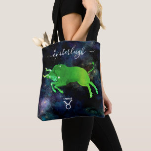 Bolso De Tela Taurus Zodiac Rótulo Monograma Cósmico Nombre Gris