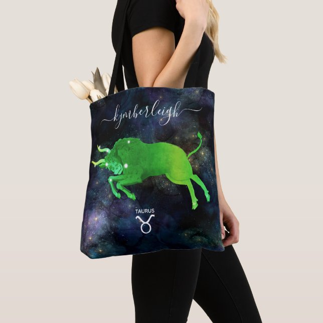 Bolso De Tela Taurus Zodiac Rótulo Monograma Cósmico Nombre Gris (Detalle)