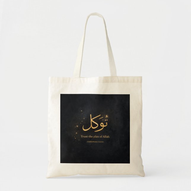 Bolso De Tela Tawakkul Gold Arabic Calligraphy – Trust the Plan  (Frente)