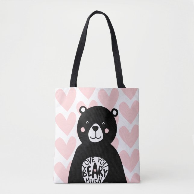 Bolso De Tela Te amo antes de mucho osito de oso negro rosado Gi (Anverso)