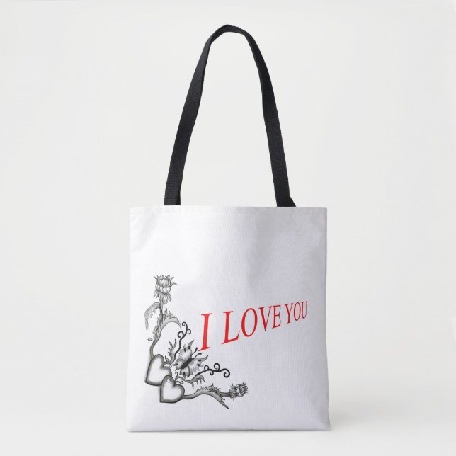 Bolso De Tela Te amo, corazón con flores y mariposa (Anverso)