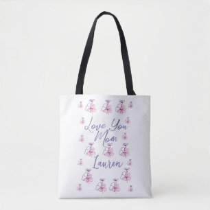 Bolso De Tela te amo mamá flores malva púrpura nombre simple