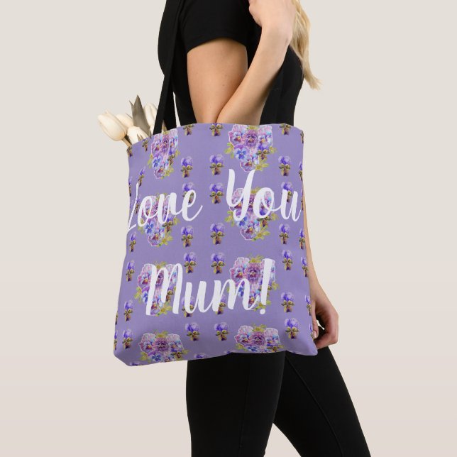 Bolso De Tela Te amo Mamá Shabby Purple Pansy Grocery Tote Bag (Detalle)