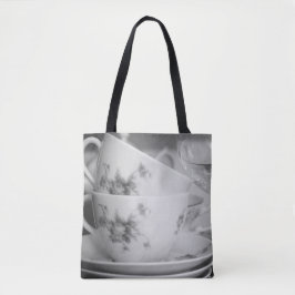 Bolso De Tela Té floral blanco y negro y goblets