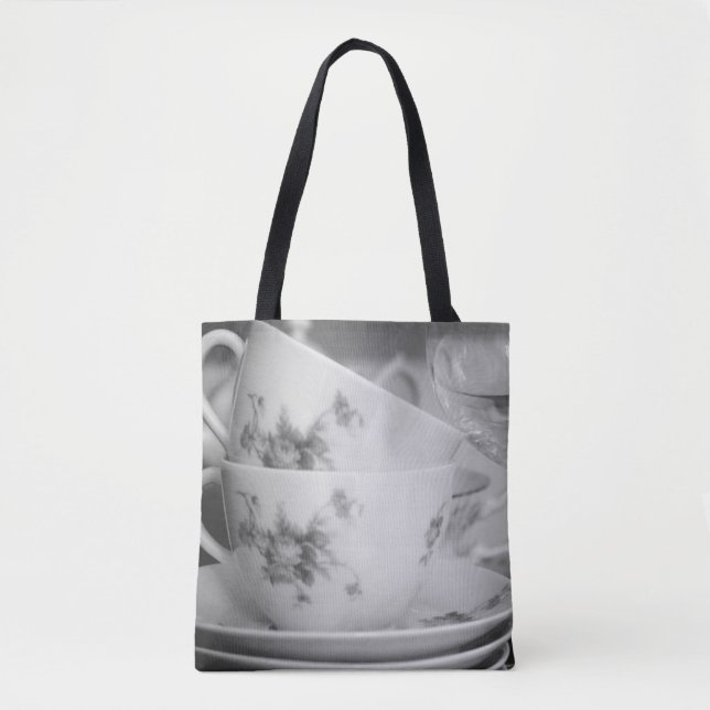 Bolso De Tela Té floral blanco y negro y goblets (Anverso)