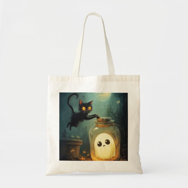 Bolso De Tela Te tengo - Gato de Halloween y Fantasma (Frente)