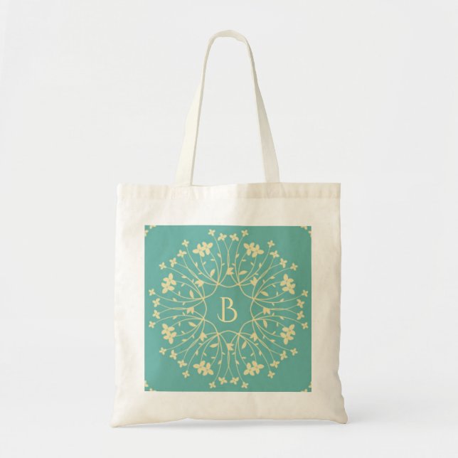 Bolso De Tela Teal and Beige Elegant Flower Wreath Monogram (Frente)