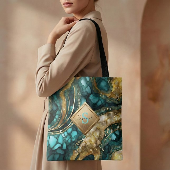 Bolso De Tela Teal Blue Gold Agate Geode Marble Monogram Name (Subido por el creador)