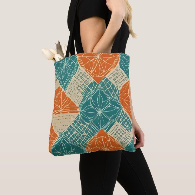 Bolso De Tela Teal, Orange, and Tan Abstract Flowers (Detalle)