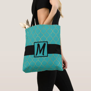 Bolso De Tela Teal y dorado monograma de cuatro hojas