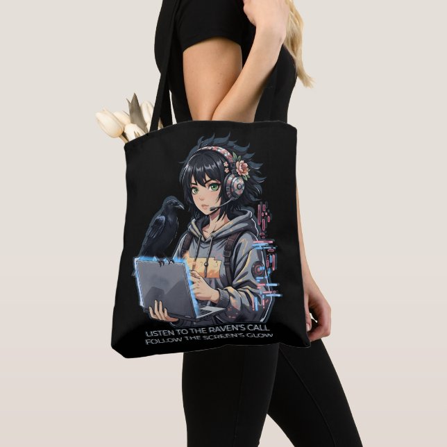Bolso De Tela Techno-Mädchen mit Rabe und Laptop (Detalle)