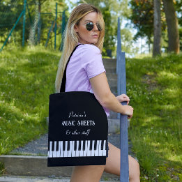 Bolso De Tela Teclado de piano y texto de personalizable en blan