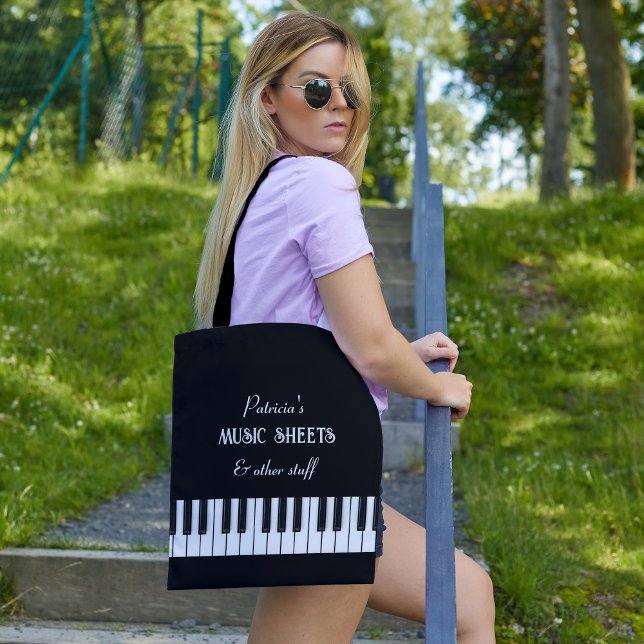 Bolso De Tela Teclado de piano y texto de personalizable en blan (Piano keyboard and customizable script back and white tote bag)