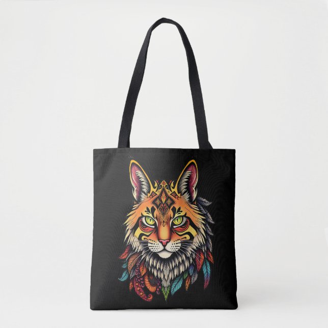 Bolso De Tela Tee gráfico de cabeza tribal de gato con detalles  (Anverso)
