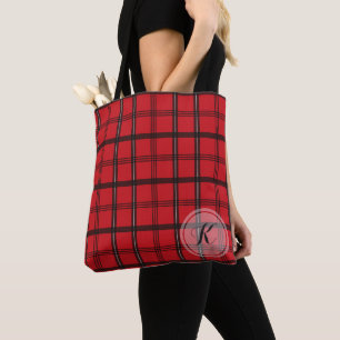 Bolso De Tela Tela escocesa de tartán roja y negra con monograma