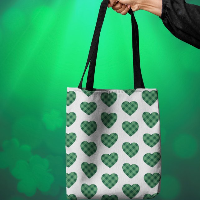 Bolso De Tela Tema irlandés con patrón cardíaco tartán verde (Irish-Themed with Green Tartan Heart Pattern Tote Bag)