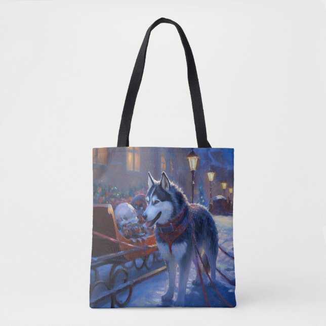 Bolso De Tela Temporada festiva de los Navidades Husky siberiano (Anverso)