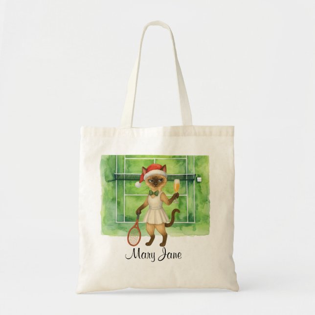 Bolso De Tela Tennis Christmas themed for player who loves cat  (Frente)
