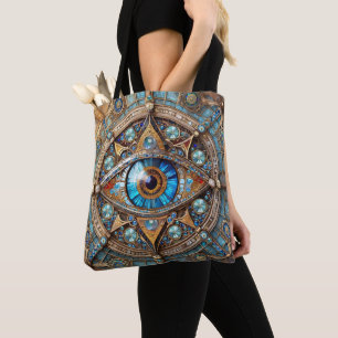 Bolso De Tela Tercer Ojo - Mandala dorada azul turquesa