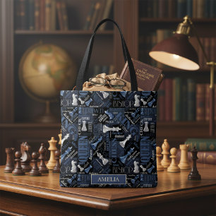 Bolso De Tela Términos y Piezas de Ajedrez Plata y Azul ID784