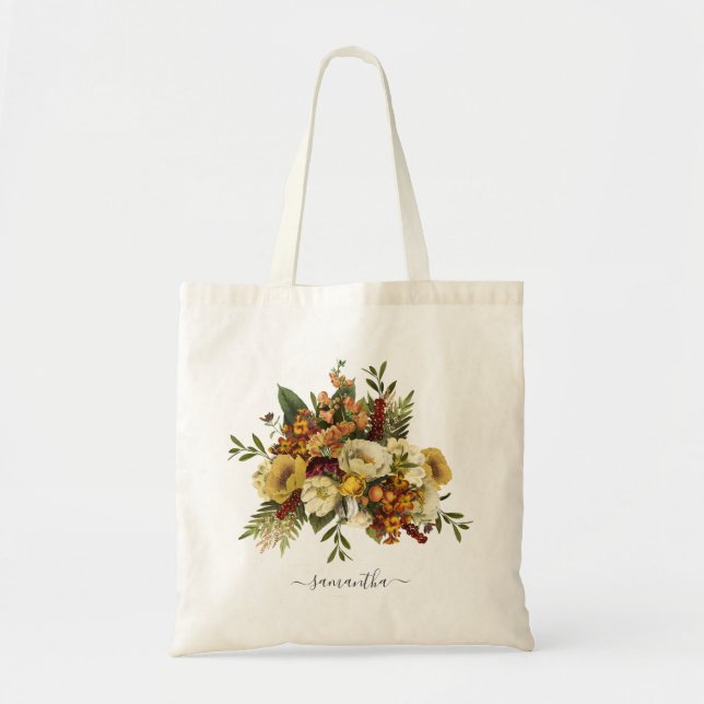 Bolso De Tela Terracota Botánico Amarillo Floral Personalizado (Frente)